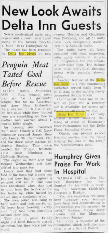 Delta Inn Motel (Tuc-Me-In Motel) - Dec 1972 Article